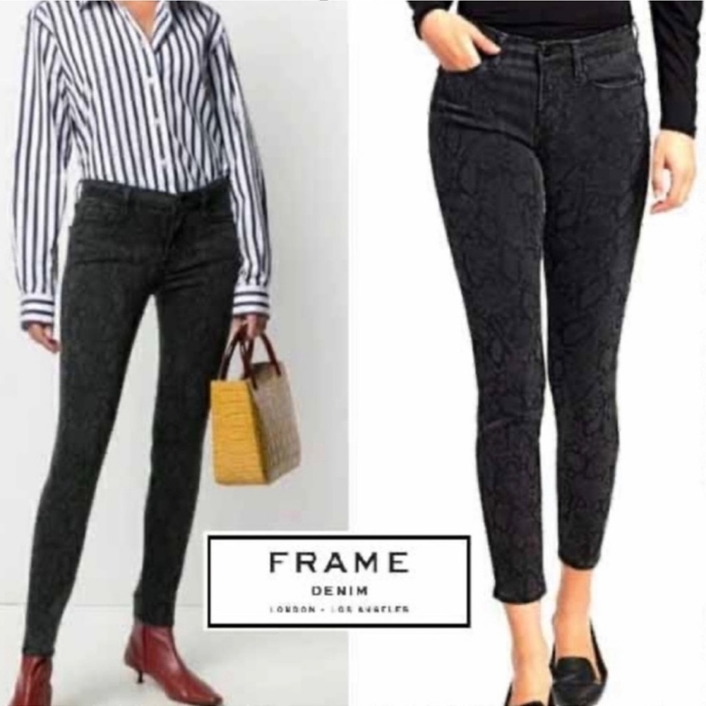 New Woman’s FRAME Le Skinny De Jeanne Python Black & Silver Skinny Jeans - Picture 4 of 16